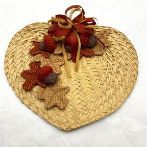 Vtg Palm Leaf Fan Woven Wicker Fall Autumn Appliqué Leaf Acorn‎ Farmhouse Rustic